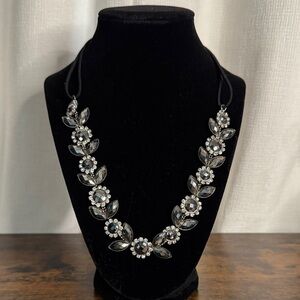 Silver Tone Statement Necklace with Gun Metal Gray and Clear stones